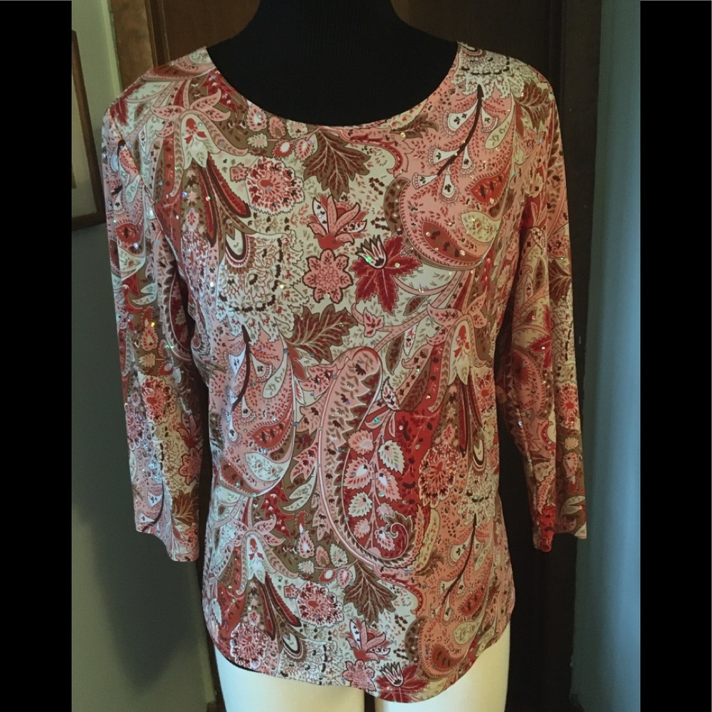 Dressbarn Peach Coral Sparkle Paisley Top Size M